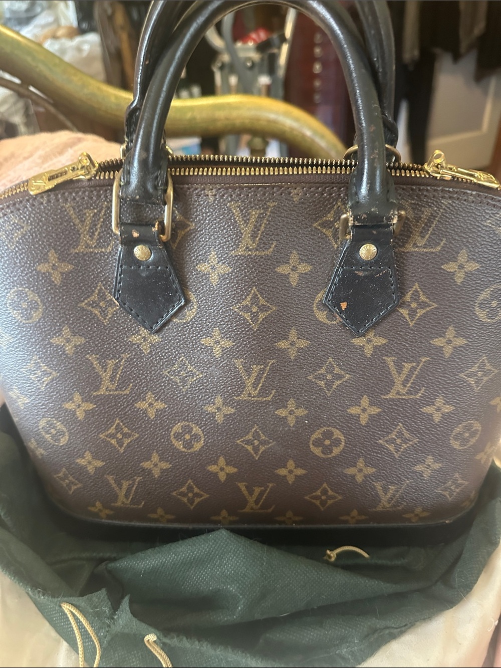 Louis Vuitton Alma Brown Monogram Canvas Satchel with Gold Hardware